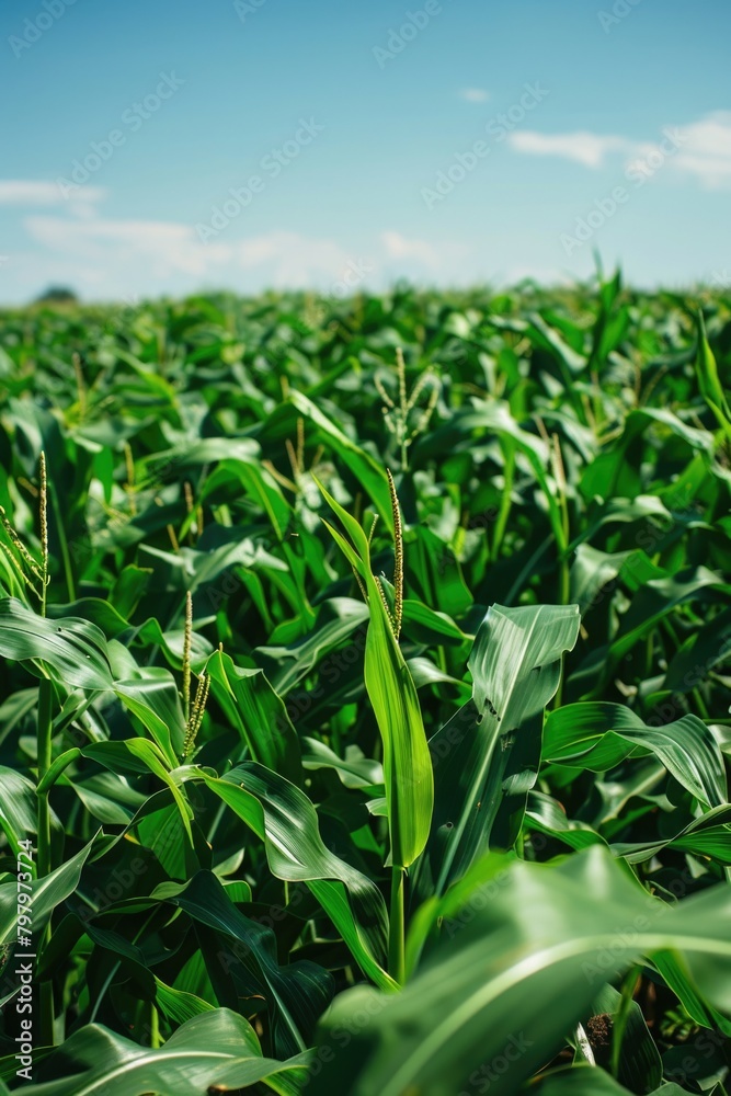 A picturesque view of a corn field with a clear blue sky in the background. Suitable for agricultural concepts A picturesque view of a corn field with a clear blue sky in the background. Suitable for agricultural concepts