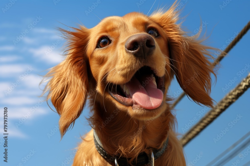 b'A happy golden retriever dog looking up at the sky'
