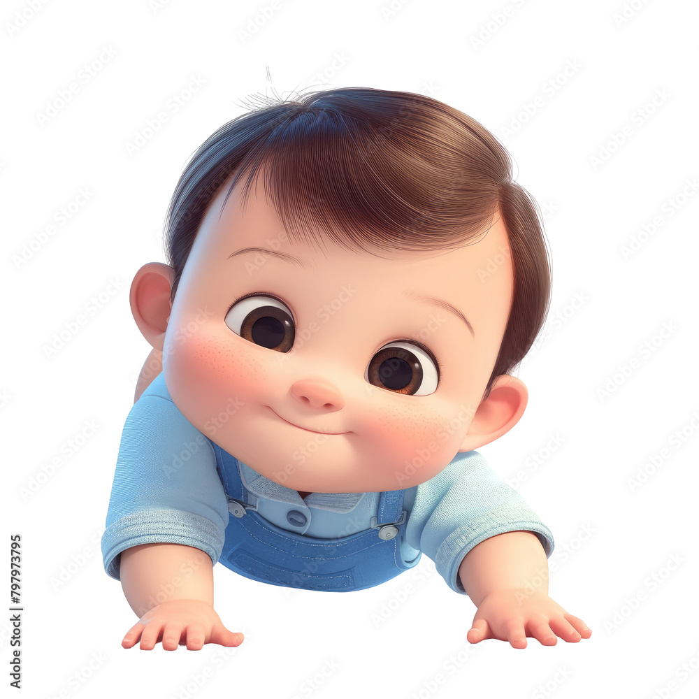 A charming little baby boy cartoon styled with adorable flair is playfully crawling on a crisp transparent background A charming little baby boy cartoon styled with adorable flair is playfully crawling on a crisp transparent background