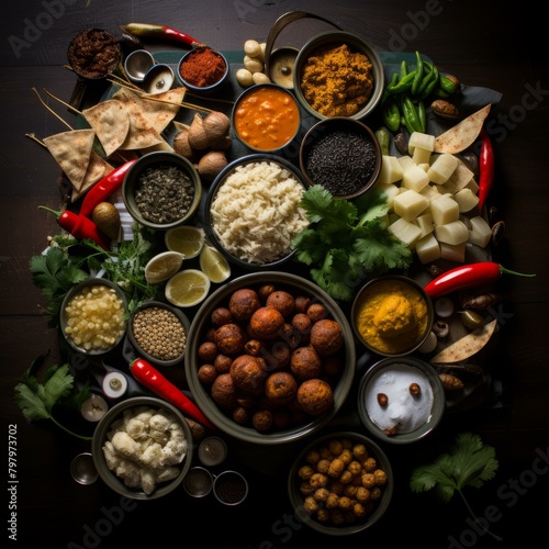 b'A variety of Indian spices and ingredients are arranged on a wooden table.'
