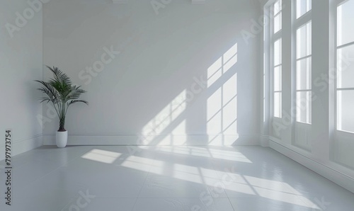 A minimalist modern interior room with light gray walls
