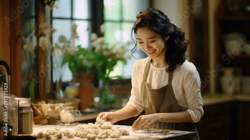 b'Asian woman making dumplings in the kitchen'
