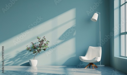 A serene minimalistic modern interior room with light blue walls