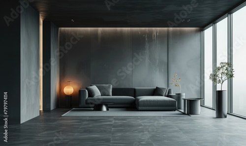 A sleek minimalistic modern interior space featuring charcoal gray walls