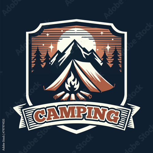 Camping Logo Design with Tent and Bon Fire