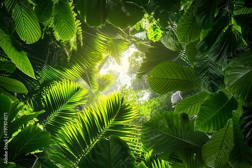 Lush rainforest canopy at midday  with sunlight filtering through the leaves to illuminate the vibrant flora below  captured in a detailed macro photograph.