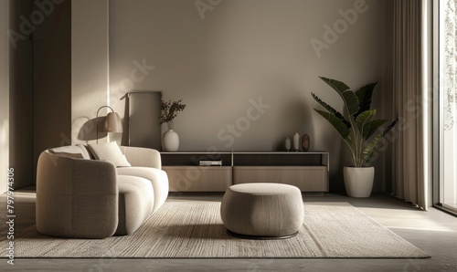 A warm minimalistic modern interior with taupe walls photo