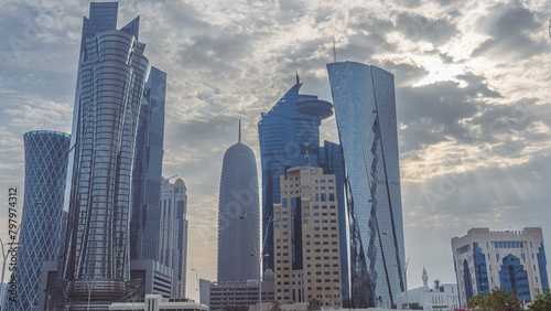 Skyscrapers in Financial District skyline in West Bay  Doha  Qatar