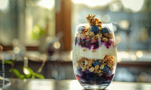Blueberry yogurt parfait in a glass  layers of yogurt and granola