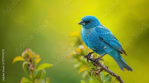 An indigo bunting perched on a branch against a green background in a professional photography style using natural light in a high quality photo