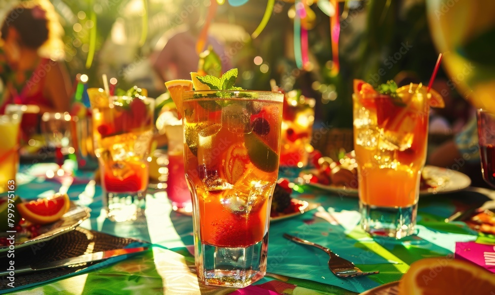 Exotic fruit cocktails on a vibrant summer party table