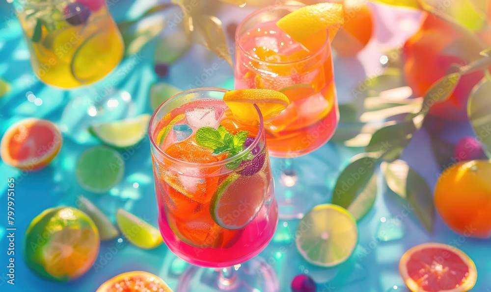 Exotic fruit cocktails on a vibrant summer party table