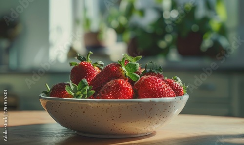 Fresh strawberries arranged in a ceramic bowl