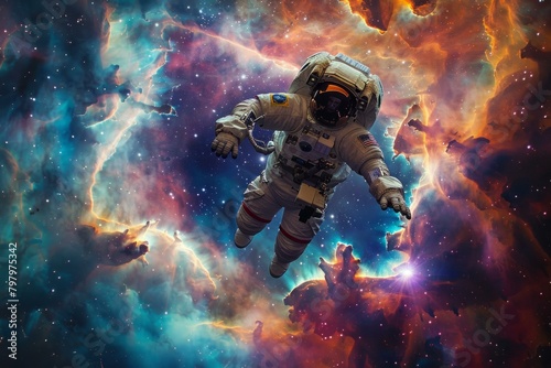 b'Astronaut in spacesuit floating in the vastness of space'
