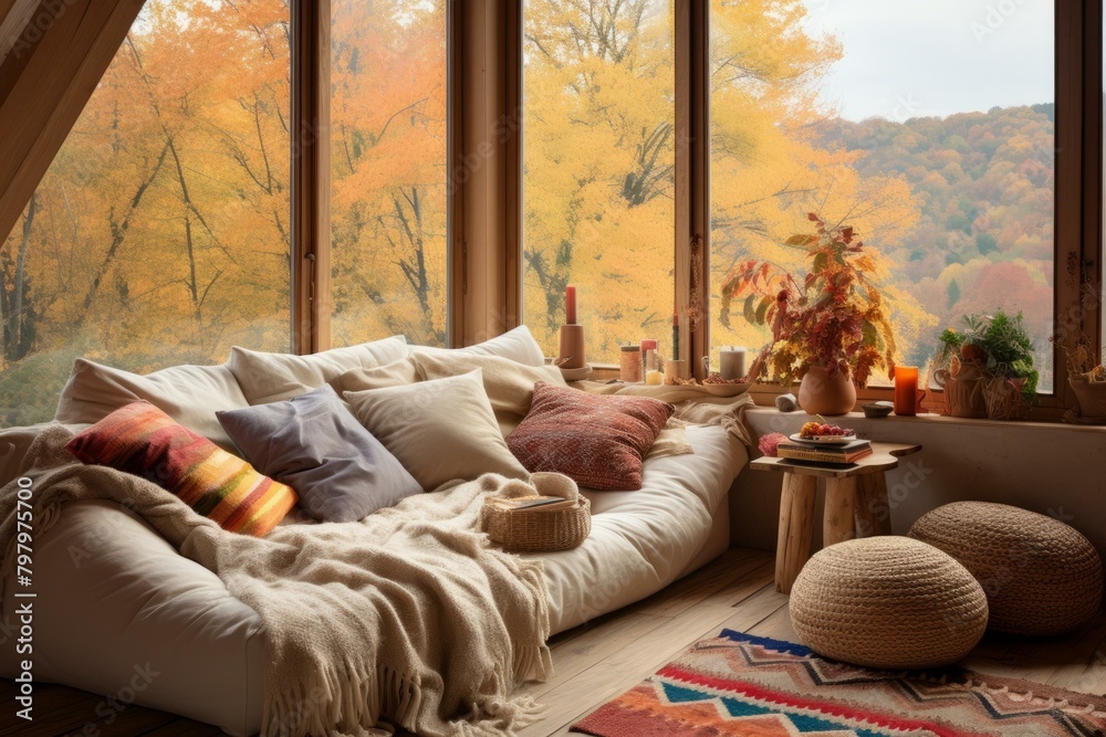 b'Cozy living room with a view of the fall foliage'