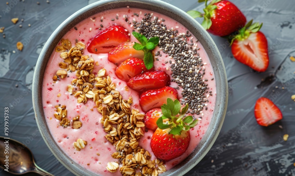 Strawberry smoothie bowl topped with granola and chia seeds Strawberry smoothie bowl topped with granola and chia seeds