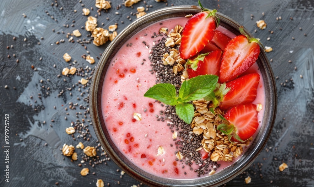 Strawberry smoothie bowl topped with granola and chia seeds