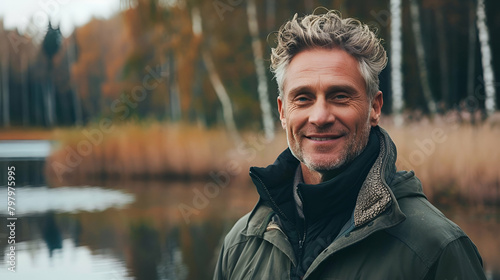 Blond hair caucasian man in his 50s who exudes happiness and a sense of feeling truly alive in a beautiful natural park near lake, genuine smile on his face, relaxed and confident male who found joy photo