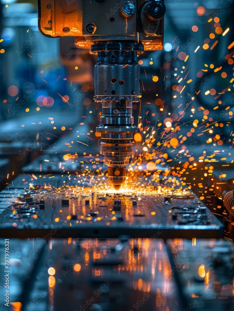 b'Industrial robot welding sparks' b'Industrial robot welding sparks'
