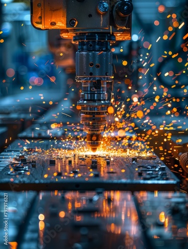 b'Industrial robot welding sparks' photo