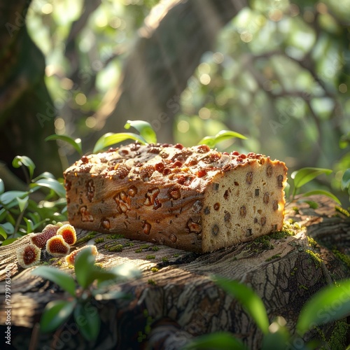 b'Close up of a delicious homemade nutty cake on a wooden stump in the middle of the forest' photo