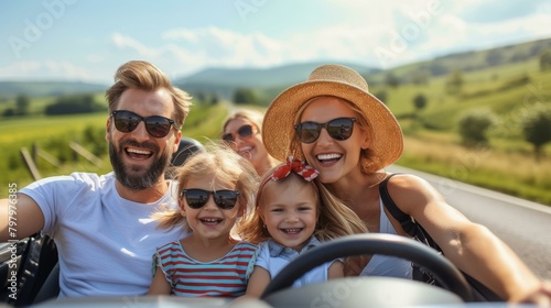 b'Family enjoying a road trip in a convertible'
