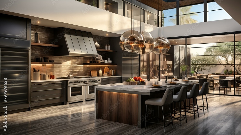 b'Modern kitchen interior design with large island and wood accents'