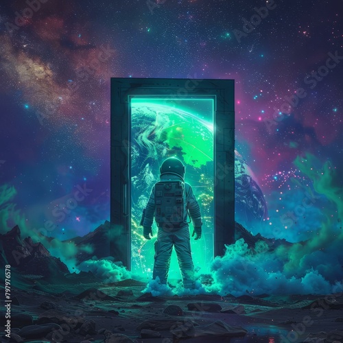 b'Astronaut in front of a portal to another dimension'