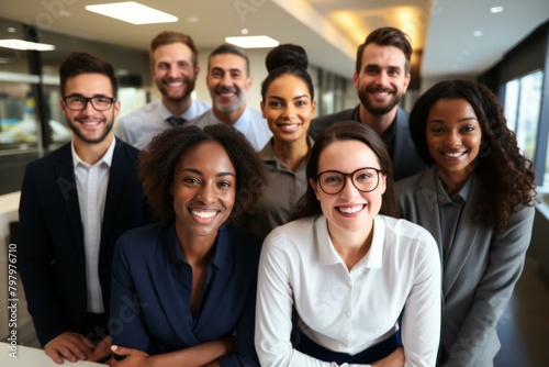 b'Group of smiling business professionals in a modern office'