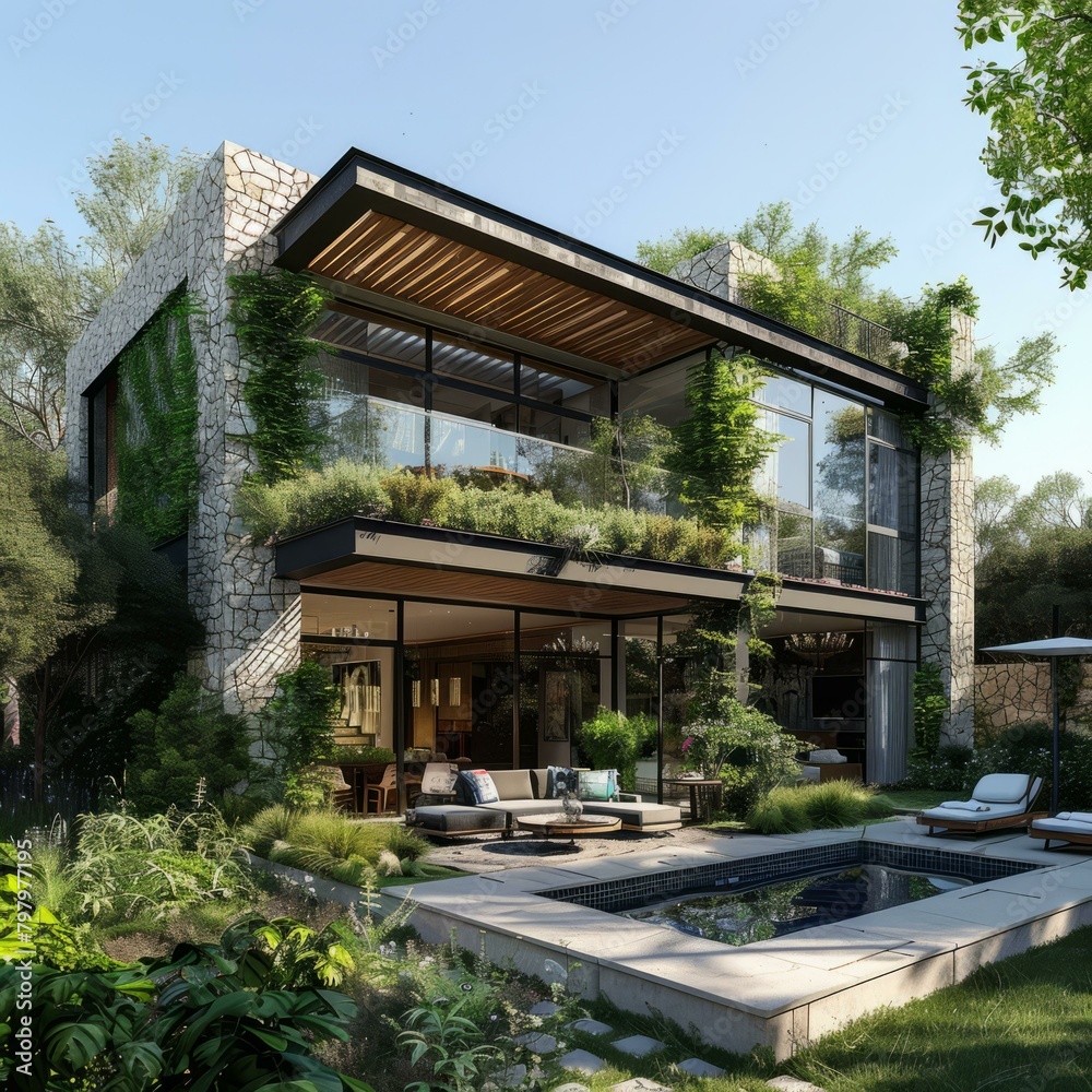 b'Modern luxury house with pool and garden'