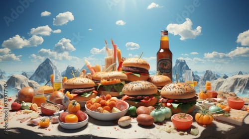 b'A picnic of burgers and vegetables on a mountaintop'