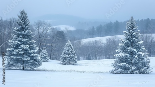 b'A winter scene of snow-covered pine trees and rolling hills'