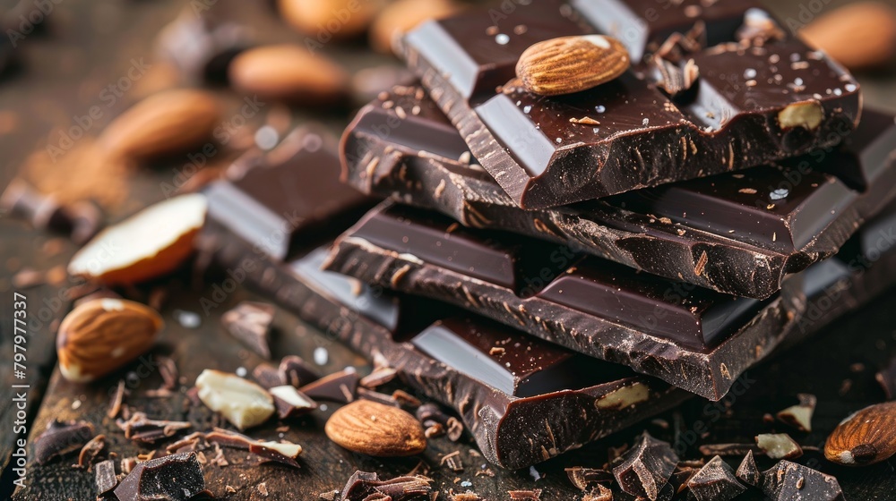 large pieces of chocolate with roasted almond kernels on a wooden table, close-up of natural cocoa products and nuts large pieces of chocolate with roasted almond kernels on a wooden table, close-up of natural cocoa products and nuts