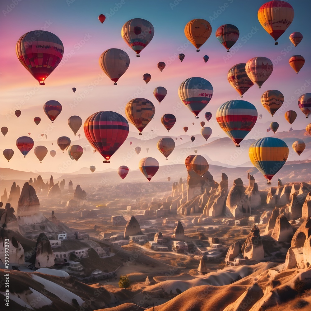 Naklejka premium a painting of a landscape with hot air balloons flying over mountains.
