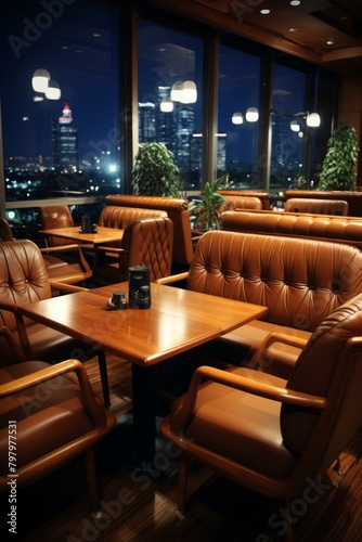 b'A restaurant with a view of the city at night'