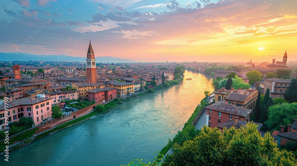 Verona, Italy, cityscape at sunset with river Adige