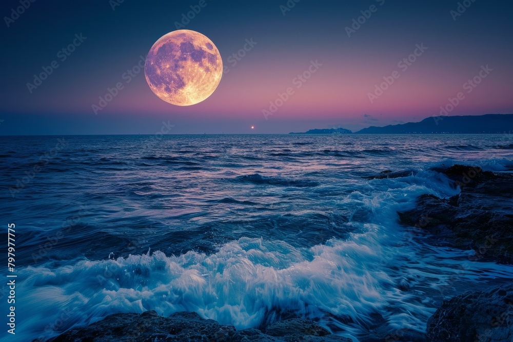 b'The beauty of a supermoon rising over the ocean' b'The beauty of a supermoon rising over the ocean'