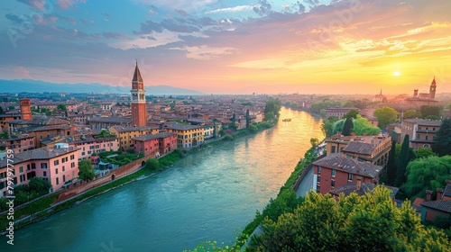 Verona, Italy, cityscape at sunset with river Adige © Adobe Contributor