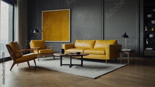 modern living room,Gold yellow leather sofa in luxury dark interior living room with modern minimalist Italian style open space kitchen 