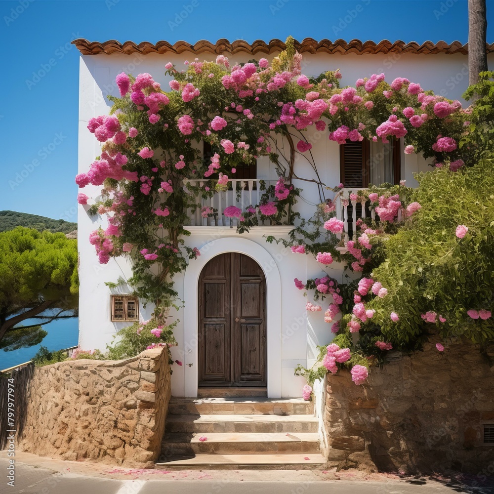 b'A beautiful house with pink flowers growing on it'