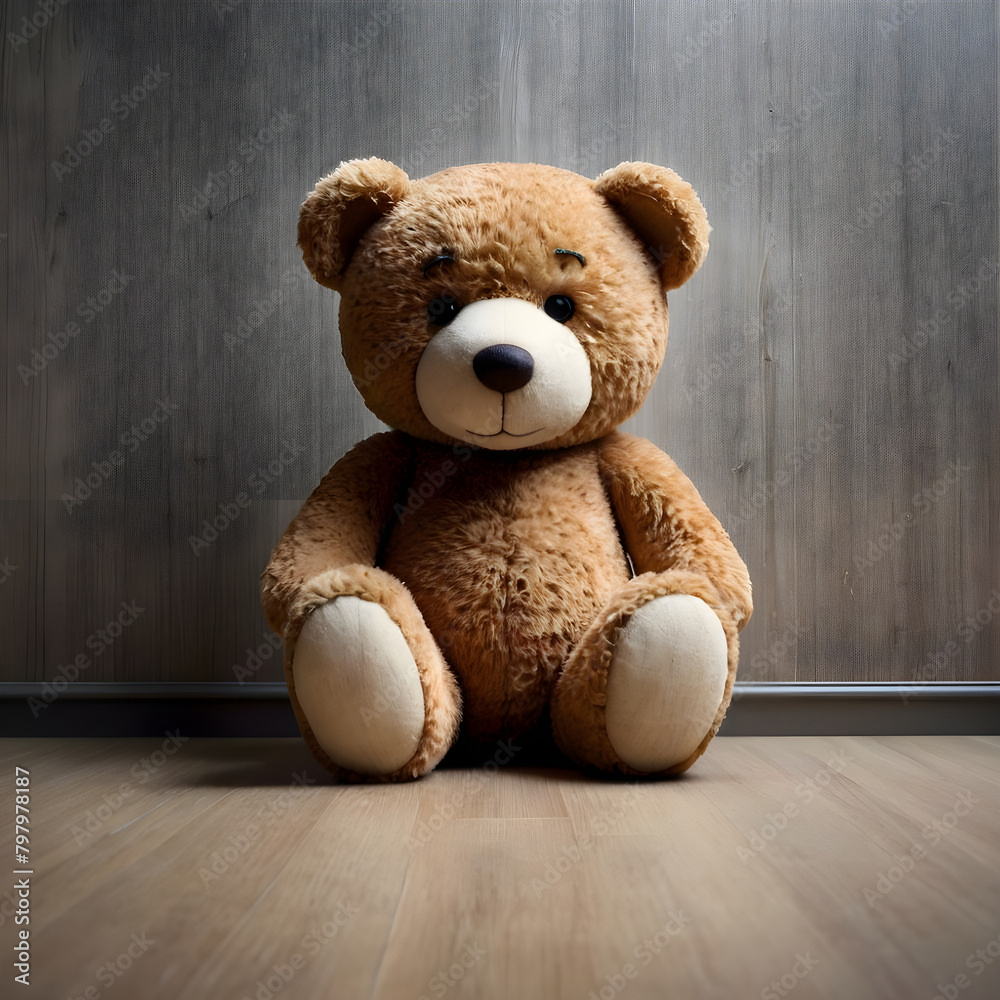 Obraz premium Teddy bear in an empty room, front view, copy space.