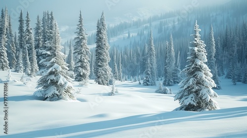 b'A winter wonderland of snow-covered pine trees' © Adobe Contributor