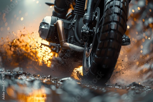 A close-up shot of a racing sports heavy bike's front wheel kicking up gravel as it accelerates out of a curve, the motion blur capturing the intensity of its speed photo
