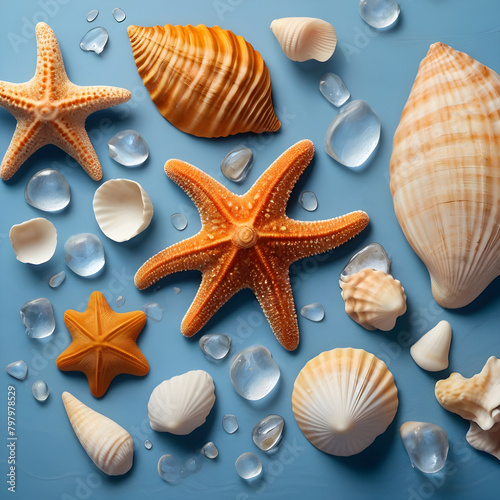 Sea shells and stars on a blue background.