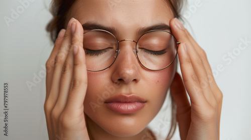  Close up exhausted woman massaging eyelids, taking off glasses, tired freelancer or student suffering from eyestrain or dry eye syndrome, feeling dizziness or headache after long hours work