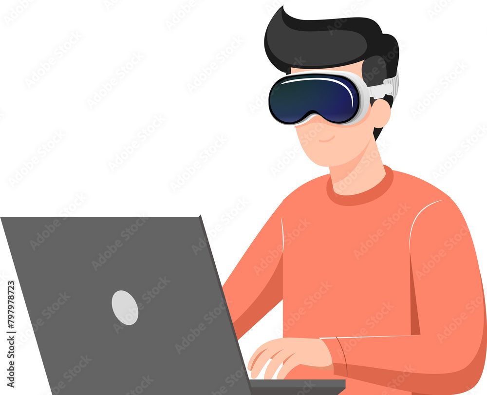 person using virtual reality headset and laptop