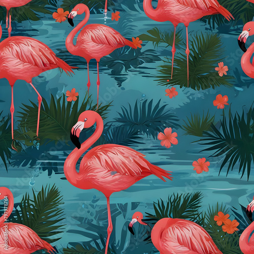 Summer pool floating with flamingo. Seamless pattern. 