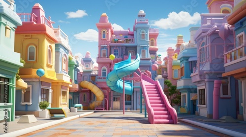 b'A colorful and whimsical 3D illustration of a street with pastel-colored buildings and a playground in the center'