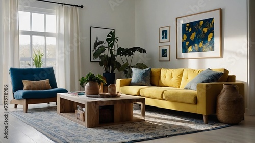 living room interior The soft golden yellow sofa below lamplight illuminate is local 