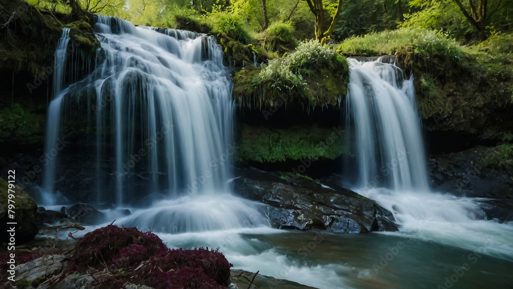 Fototapeta premium Landscape with river and forest with green trees. Silky crystal water and long exposure. Ordesa Pyrenees.